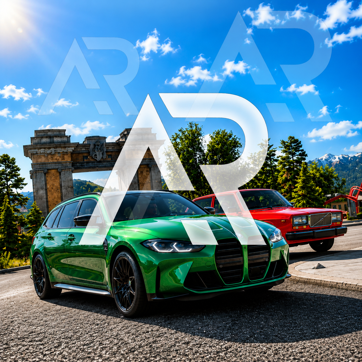Иллюстрация проекта ARGON RP: зелёный BMW и красный автомобиль